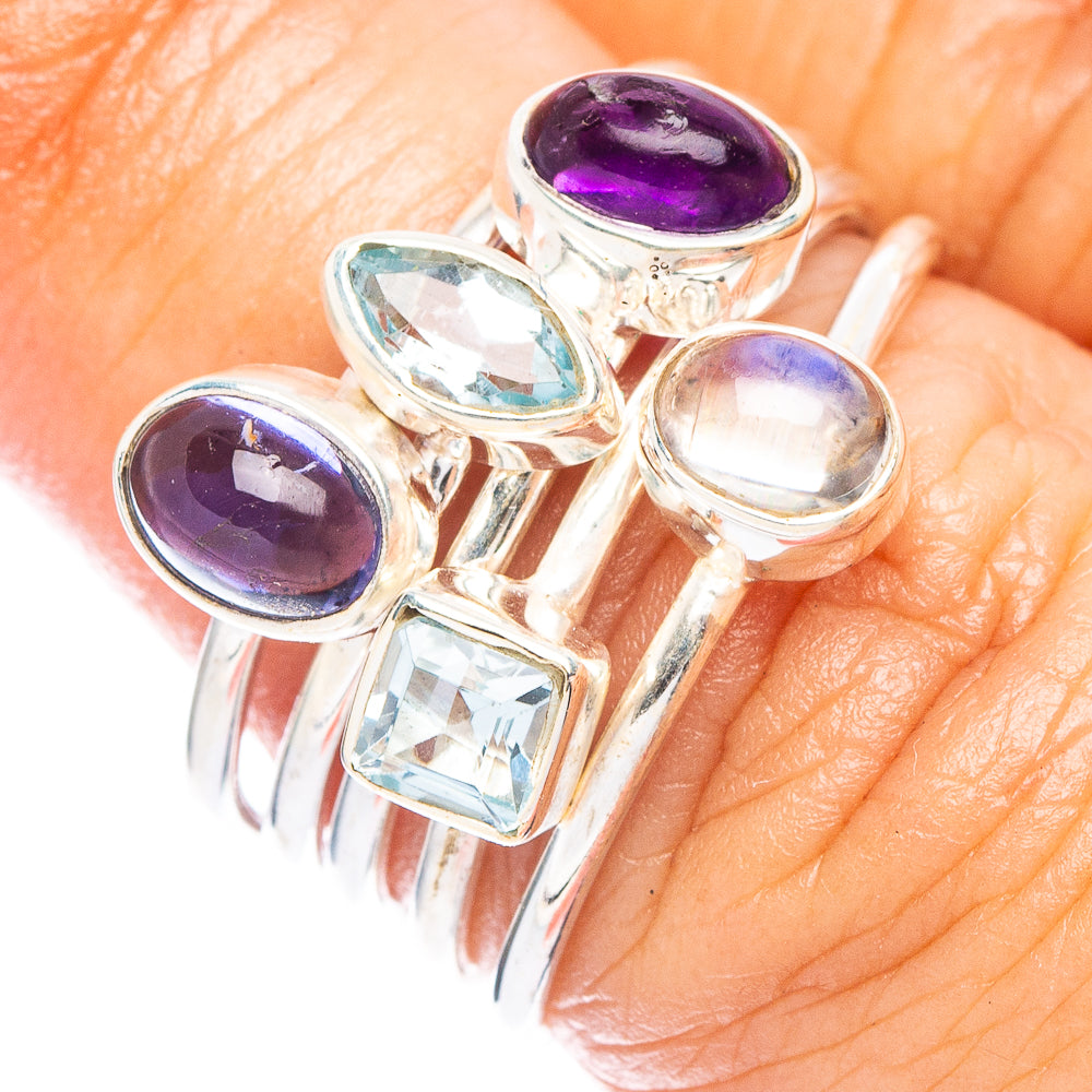 Rainbow Moonstone, Blue Topaz, Amethyst Ring Size 6.5 (925 Sterling Silver) R7356