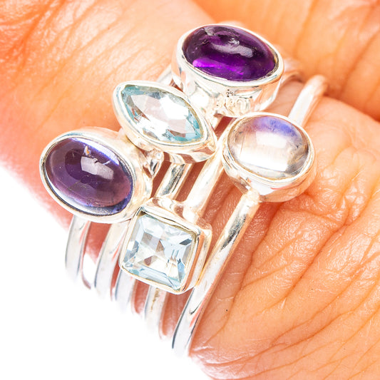 Rainbow Moonstone, Blue Topaz, Amethyst Ring Size 6.5 (925 Sterling Silver) R7356
