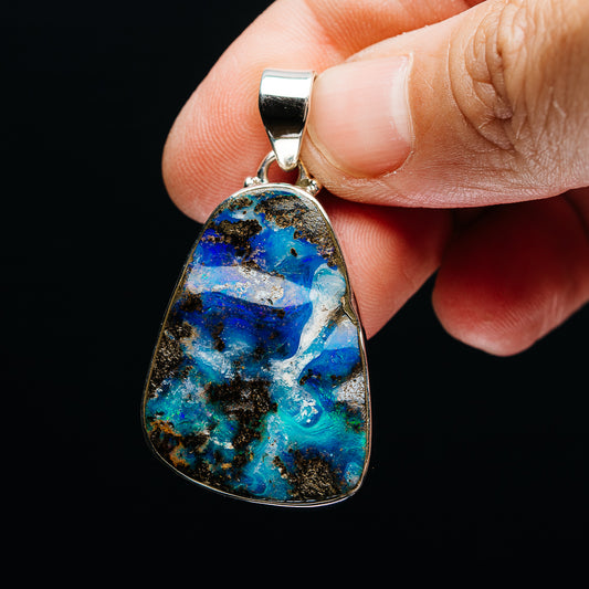 Sterling silver boulder opal pendant with teardrop blue stone, bail and top cap