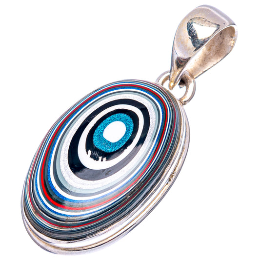 Sterling silver oval pendant with blue center, concentric black/white/red stripes, loop bail