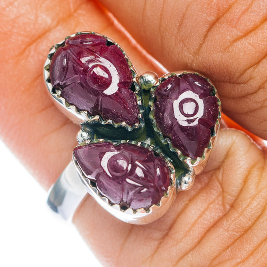 Premium 3-Gemstone Carved Ruby Ring Size 7 (.925 Sterling Silver)
