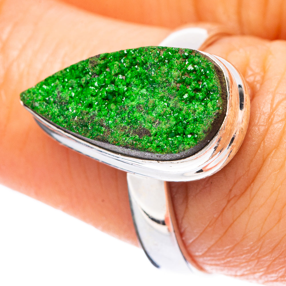 925 sterling silver ring with green teardrop uvarovite gemstone, bezel setting