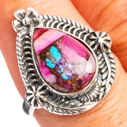 Southwestern Style Pink Dahlia Turquoise Ring Size 8.5 (.925 Sterling Silver)