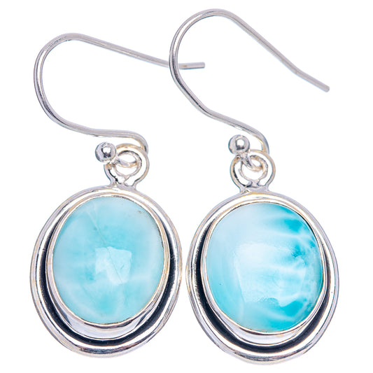 Oval larimar cabochon earrings in polished silver, fishhook with circular top loops