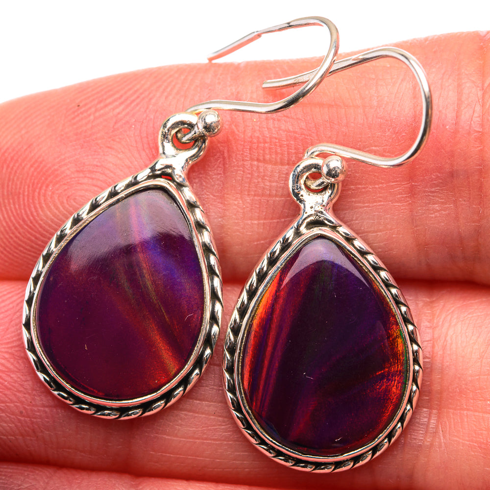 925 sterling silver teardrop opal earrings with purple-red iridescent stone, French hooks