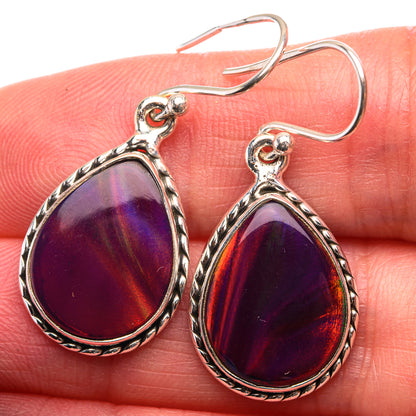 925 sterling silver teardrop opal earrings with purple-red iridescent stone, French hooks
