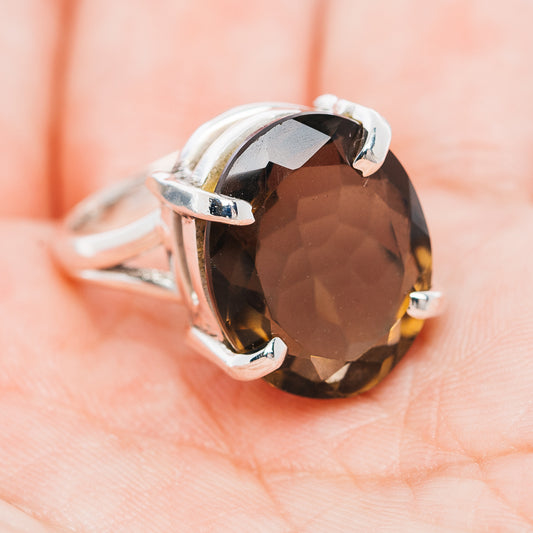 Smoky quartz sterling silver ring, round dark stone with raised prongs and bezel