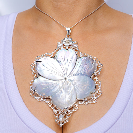 Sterling silver mother-of-pearl flower pendant with ornate openwork frame