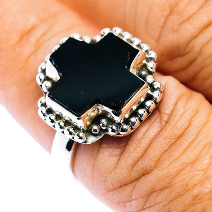 Southwestern Style Black Onyx Cross Ring Size 7.5 (.925 Sterling Silver)