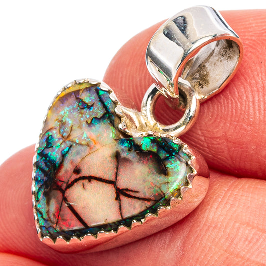 Sterling silver opal heart pendant with multicolor inlay, scalloped bezel and bail loop