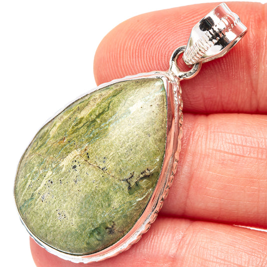 Green opal teardrop pendant in .925 sterling silver bezel with loop bail