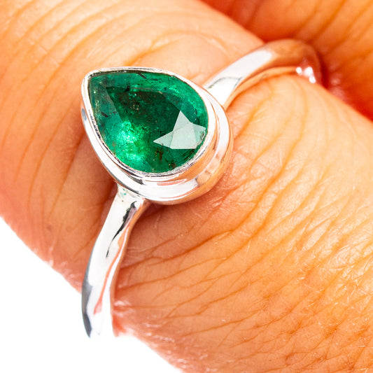 Size 8 sterling silver ring with oval green emerald gemstone, bezel-set
