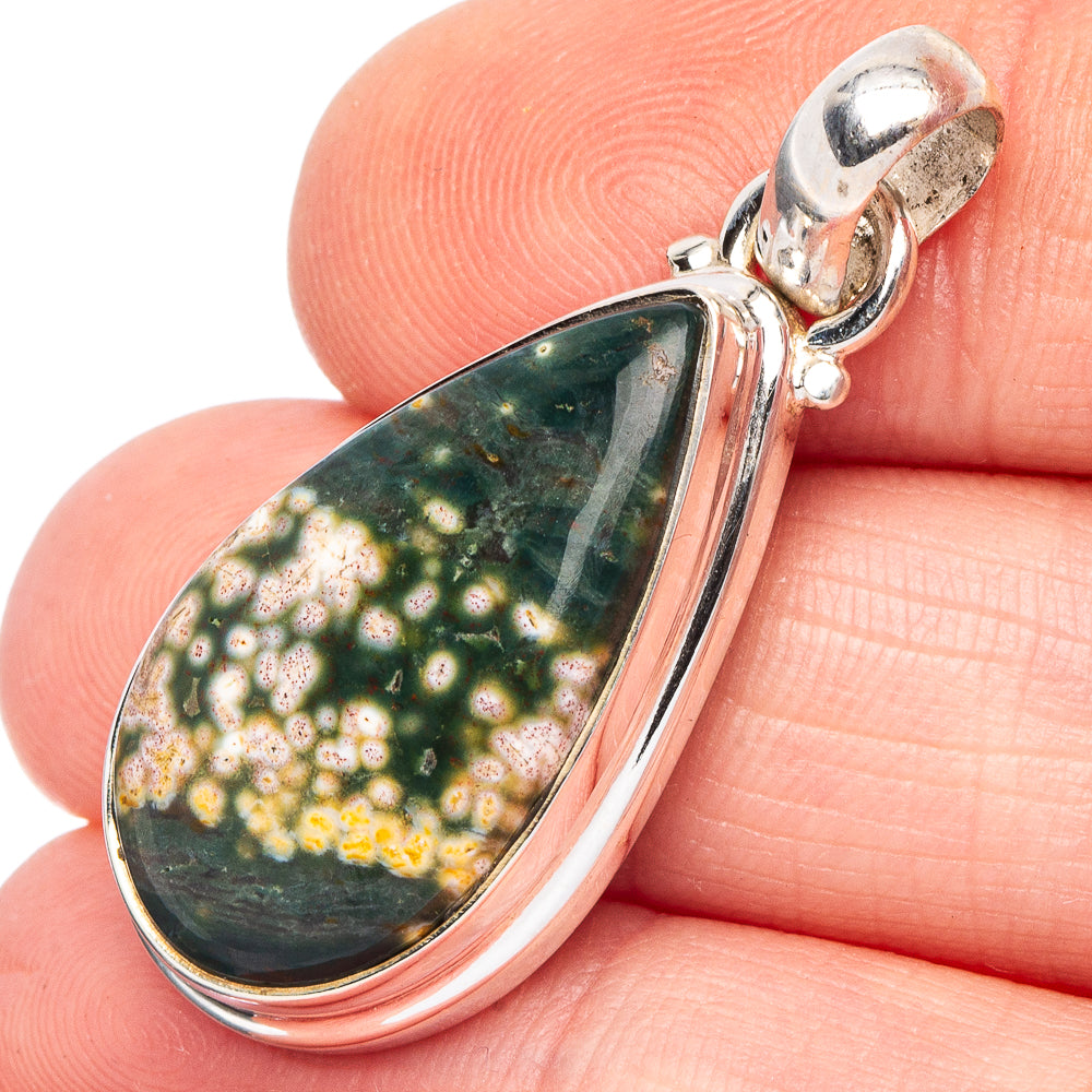 Ocean jasper teardrop pendant in .925 sterling silver, green with speckled pattern