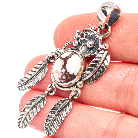 Sterling silver Native-style pendant with oval wild horse jasper and feather details