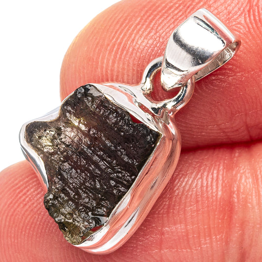 925 sterling silver moldavite pendant, dark rough stone in open bezel