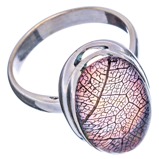 Sterling silver ring with oval pink-purple iridescent leaf opal cabochon
