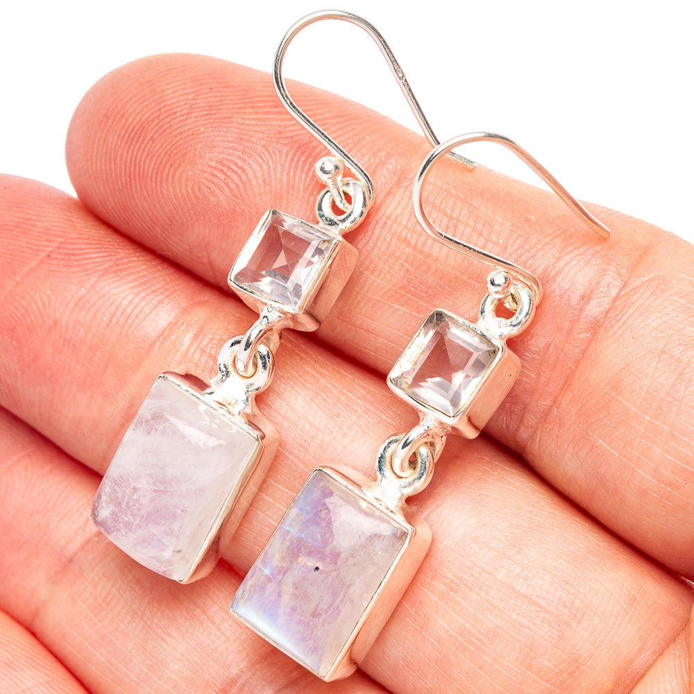 Rainbow Moonstone, White Quartz 925 Sterling Silver Earrings 1 5/8" (925 Sterling Silver) E2113