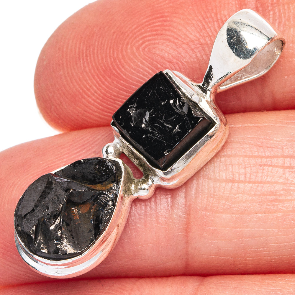 Rare shungite pendant, 925 sterling silver with black rough stone drops, open bezel