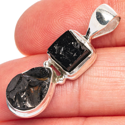 Rare shungite pendant, 925 sterling silver with black rough stone drops, open bezel