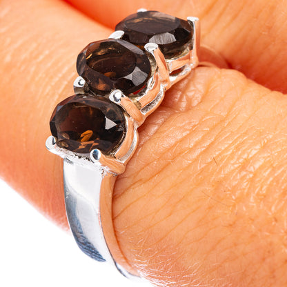Smoky quartz dainty ring in 925 sterling silver, dark round stones in rose-gold setting