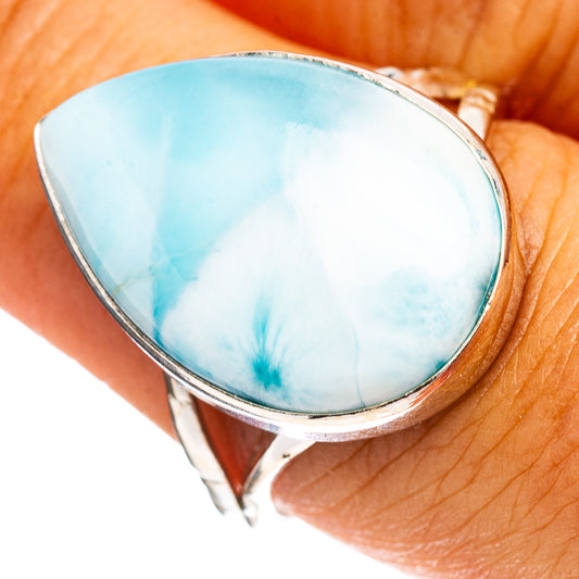 Larimar oval ring, .925 sterling silver, size 8.25, blue marbled stone close-up
