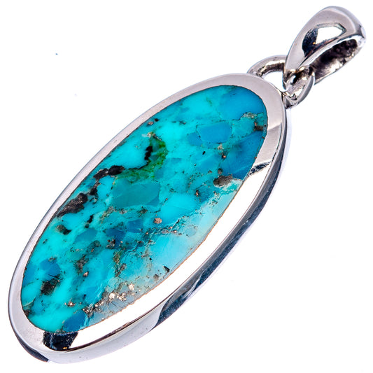 Turquoise oval stone pendant in sterling silver bezel with loop bail, vivid blue-green matrix.