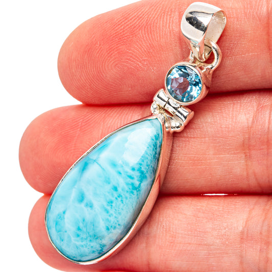 Larimar & blue topaz sterling silver pendant, teardrop Larimar with round blue topaz
