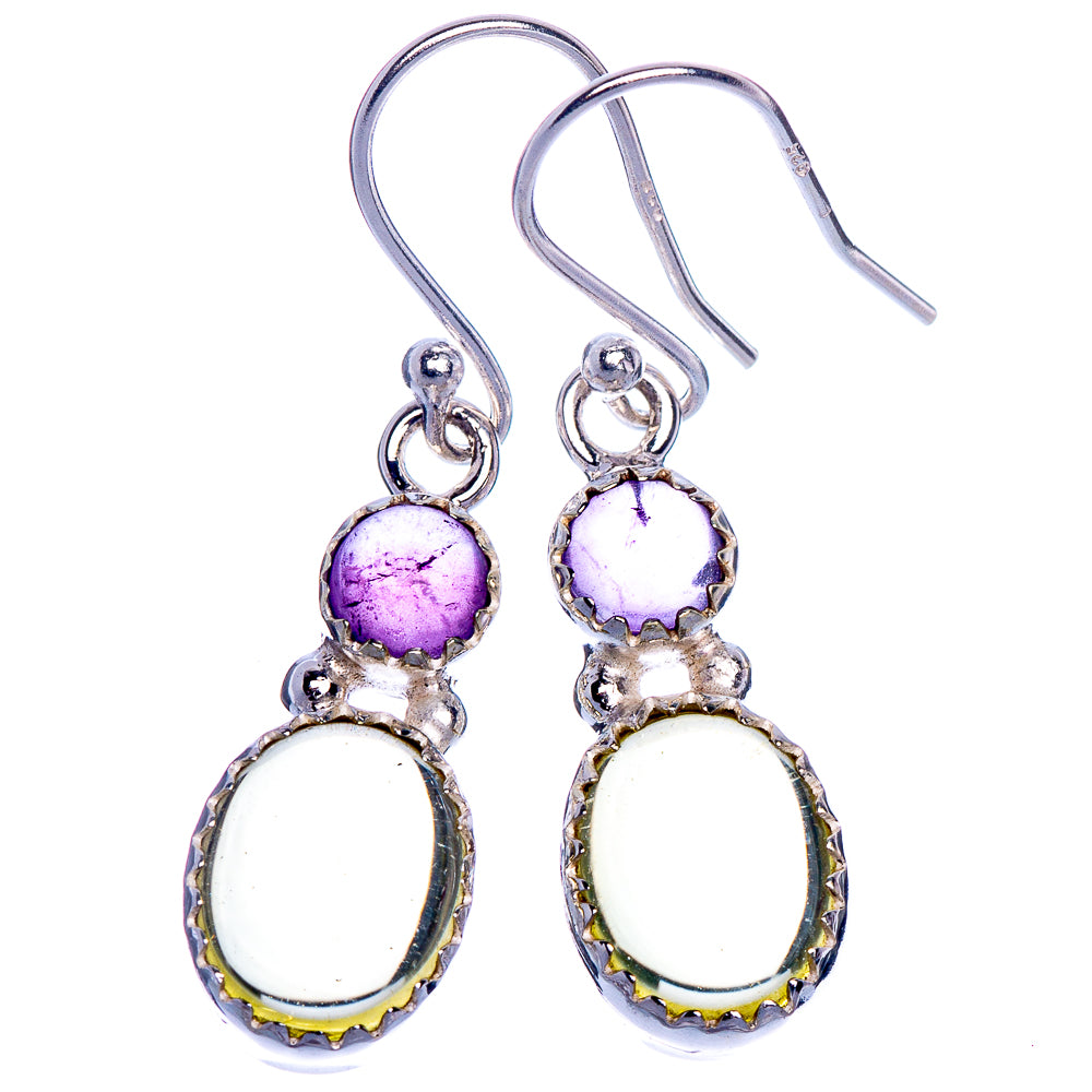 Sterling silver drop earrings with round purple stones and white oval accents