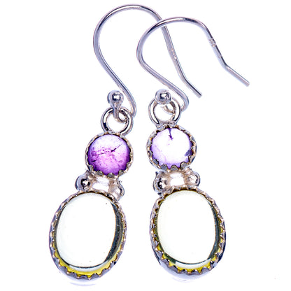 Sterling silver drop earrings with round purple stones and white oval accents