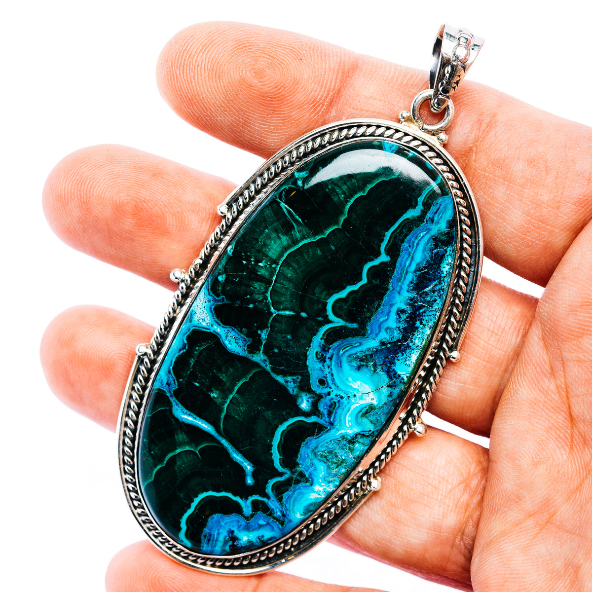Chrysocolla In Malachite Pendant 3 1/4" (.925 Sterling Silver)