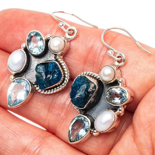 Premium Blue Fluorite, Blue Topaz, Cultured Pearl Earrings 1 5/8" (925 Sterling Silver) E1599