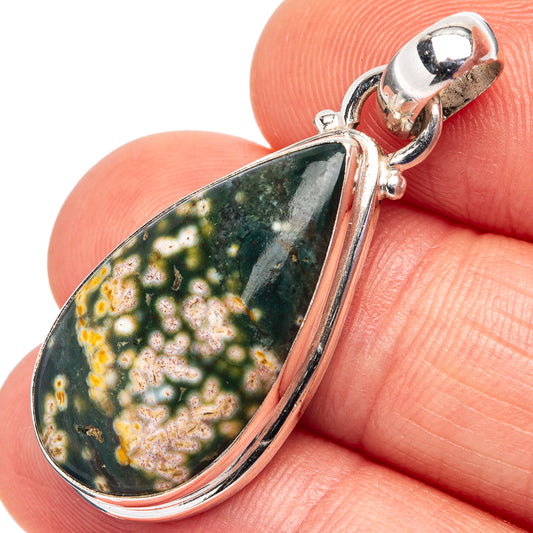 Ocean jasper teardrop pendant in .925 sterling silver bezel, dark green with speckled yellow