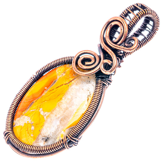 Oxidized copper wire wrap pendant with teardrop mottled yellow, white, orange stone