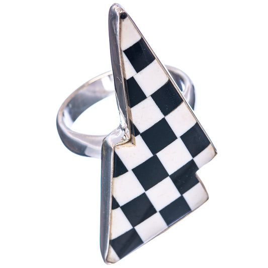 Sterling silver checkered onyx bolt ring with black-and-white checkerboard top on band