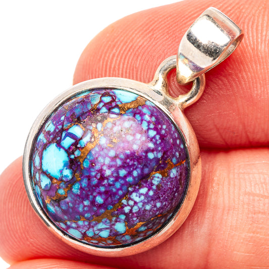 Round purple-blue turquoise pendant in .925 sterling silver with top bail