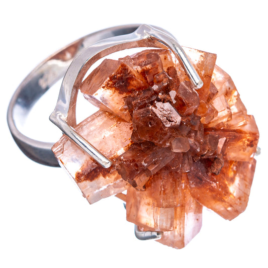 Orange aragonite crystal cluster sterling silver ring with side bars and open band