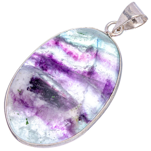 Fluorite gemstone pendant with silver-tone bail, oval light purple and aqua marbled cabochon