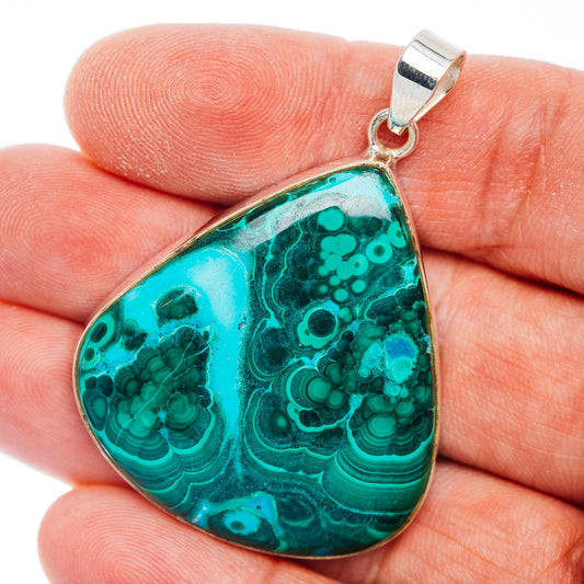 Premium Malachite In Chrysocolla Pendant 1 7/8" (.925 Sterling Silver)