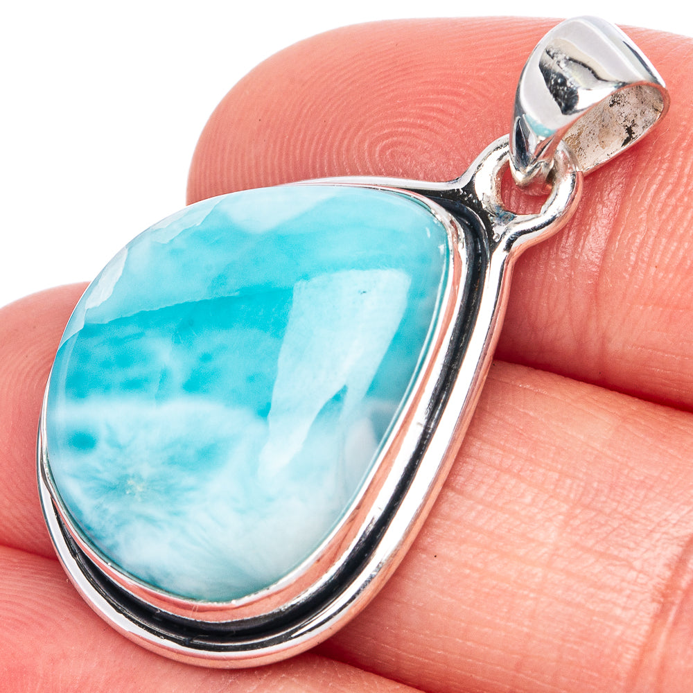 Sterling silver teardrop larimar pendant with polished bezel and bail