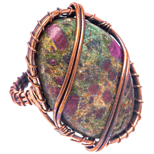Oxidized copper wire ring with oval green and purple fuchsite stone