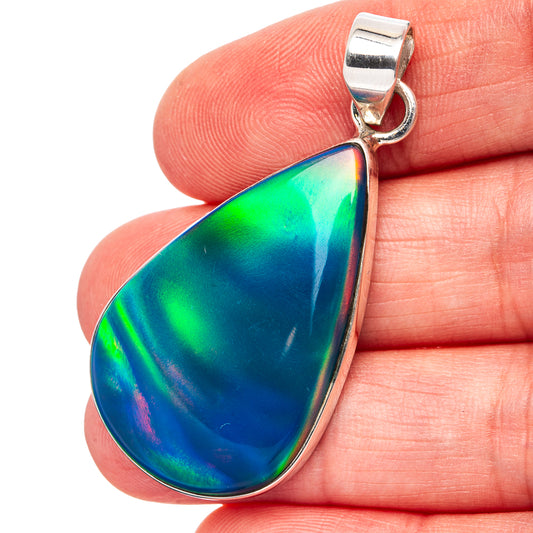 Teardrop opal pendant in .925 sterling silver, iridescent blue-green, with bail
