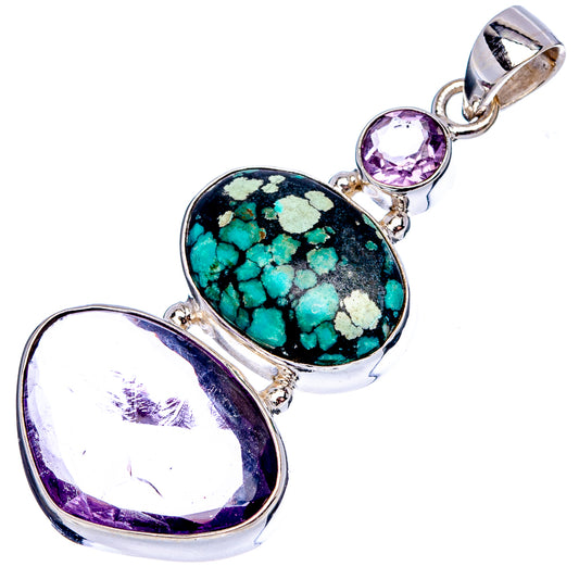 Oval turquoise and round amethyst pendant in 925 sterling silver with bail loop