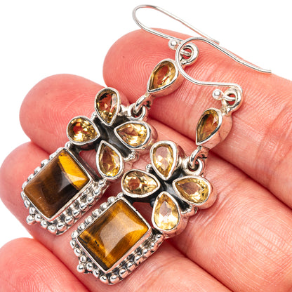 Premium Tiger Eye, Citrine Earrings 2 1/8" (925 Sterling Silver) E1584