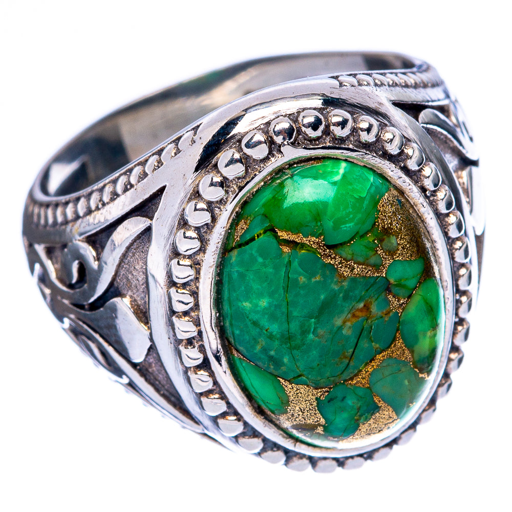 Green oval turquoise-look cabochon ring, decorated 925 sterling silver band