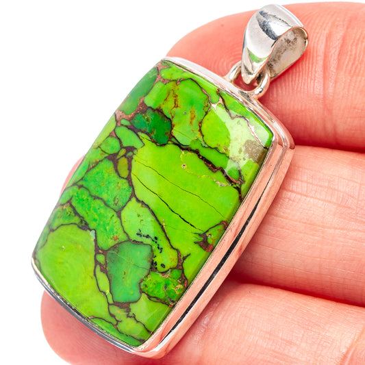 Green turquoise pendant in .925 sterling silver bezel with bail, rectangular stone