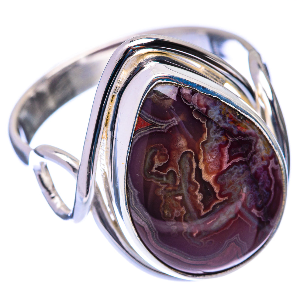 Crazy lace agate cocktail ring, oval burgundy-red stone in 925 sterling silver, size 9.25