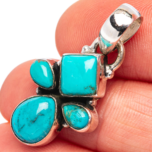 Cluster turquoise cabochon pendant in .925 sterling silver, oval stones in bezels