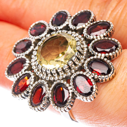 Faceted Citrine, Garnet Large Flower Ring Size 6.5 (925 Sterling Silver) R3115