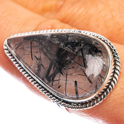 Large Tourmalinated Quartz 925 Sterling Silver Ring Size 8.5