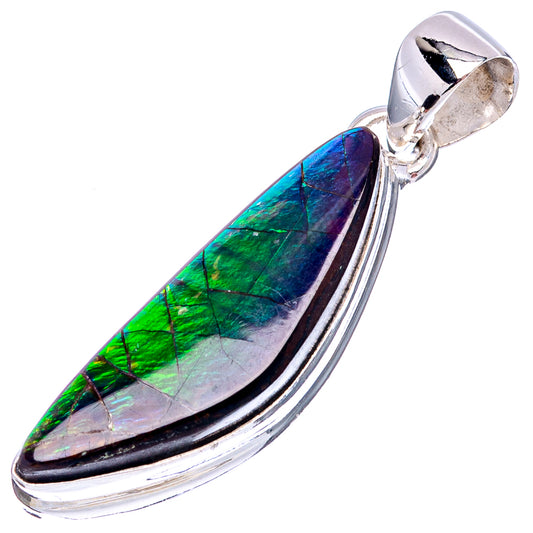 Sterling silver ammolite pendant with elongated oval iridescent blue-green and white flashes
